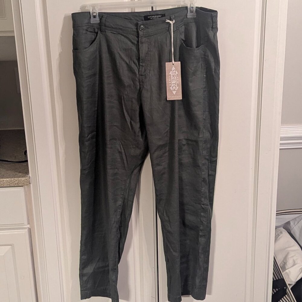 Liverpool Stretch Linen Fennel Green Emma Wide Leg Classic Pants Size - 16/33